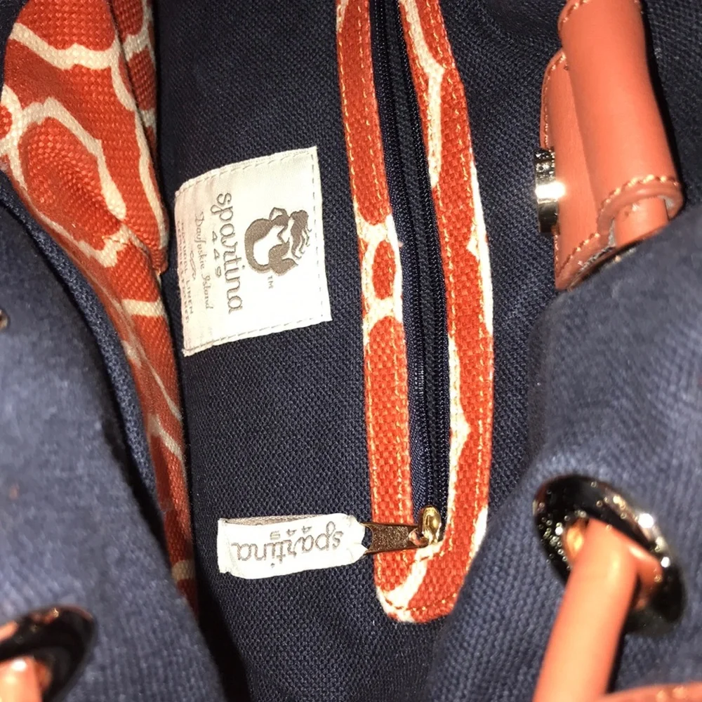 Spartina 449 Sallie Ann Orange Cream Navy leather linen Bucket Bag purse VGUC